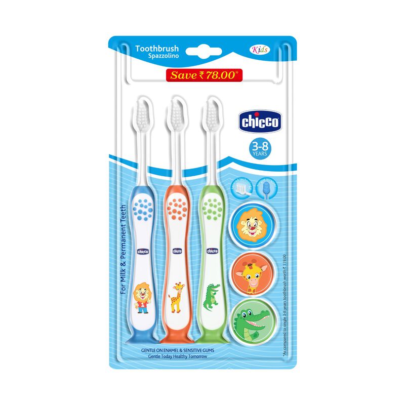 Toothbrush 3Y-8Y 3 Pack- Blue, Orange & Green image number 1